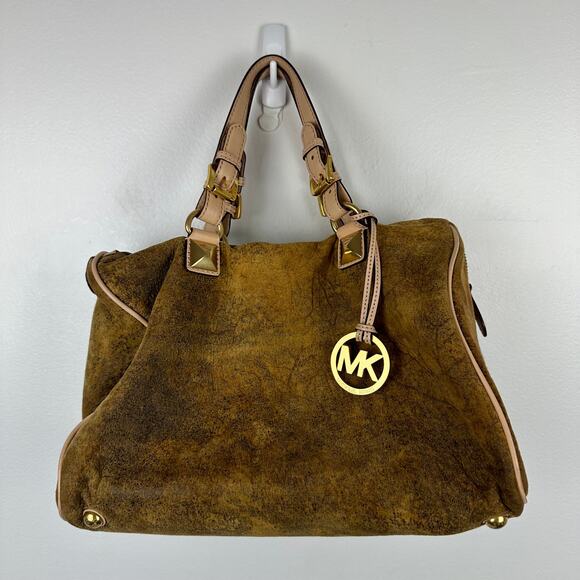 Michael Kors Womens MK Logo Distressed Burnt Gold/Brown Satchel Shoulder Bag - Picture 1 of 9